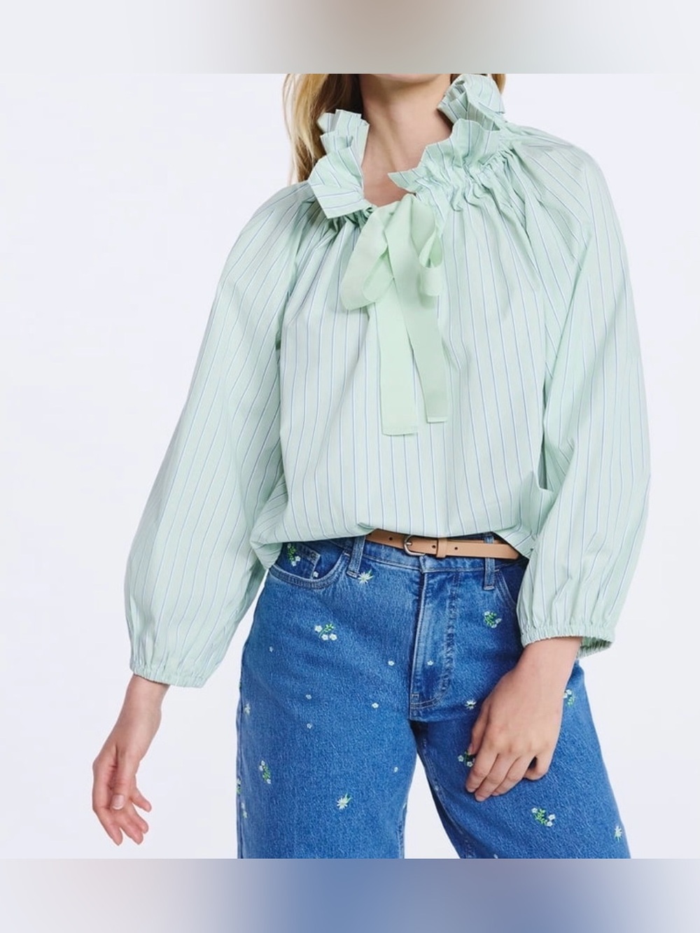 Light Mint Stripe Ruffle-Neck Blouse with Tie